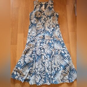 Talbots Sleeveless Blue Floral A-Line Dress Size 14 Linen Cotton Lined